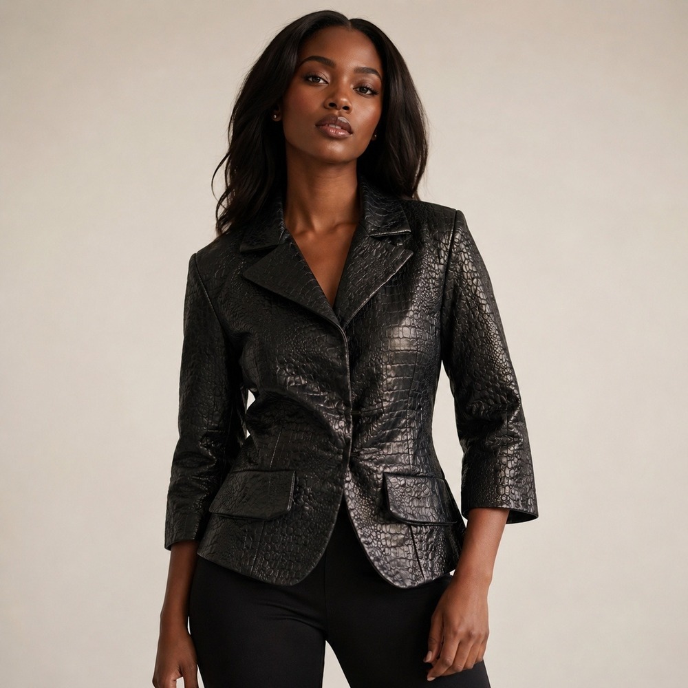 Yoana Baraschi Blazer Croc Embossed Womens 2 Black Hook Eye Tailored Jacket